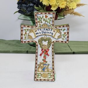 Vtg Shelly Rasche Porcelain Cross "Friends Are A Blessing" Enameled Gold Inlay